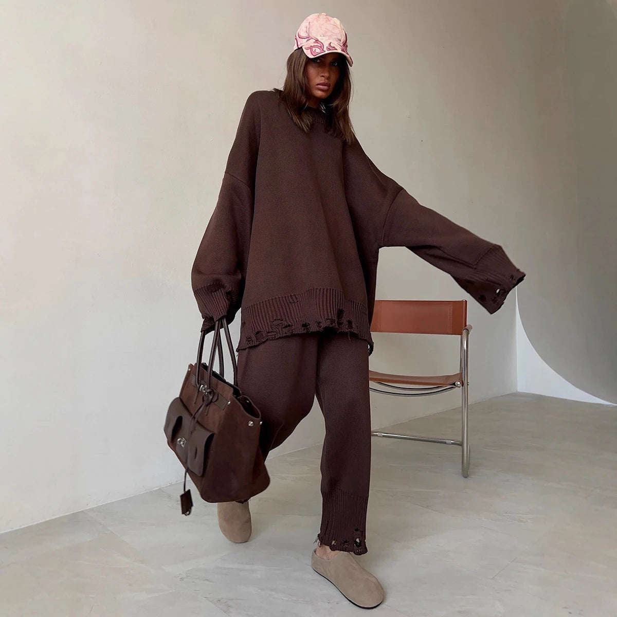 Two Piece Ripped Set Women Knit Tracksuits O Neck Long Sleeve Casual Baggy Sweatshirts+ Joggers Pants Outfits 2025 Fall Winter