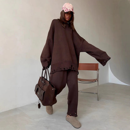 Two Piece Ripped Set Women Knit Tracksuits O Neck Long Sleeve Casual Baggy Sweatshirts+ Joggers Pants Outfits 2025 Fall Winter