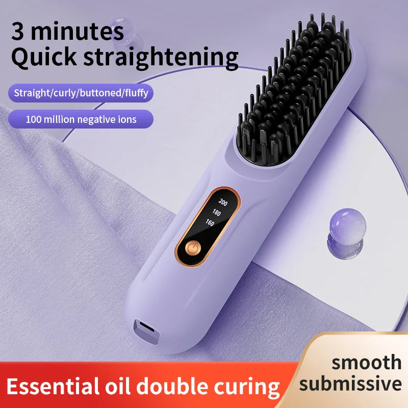 Electric Heating Straight Hair Comb LCD Screen USB Wireless Portable Negative Ion Styling Tool Rechargeable Straightening Brush.