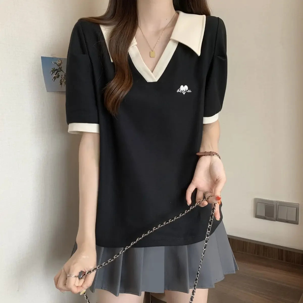 Plus Size Women's Casual Polo Neck Short Sleeve T-Shirt Slimming Belly Cover Summer Age Defying Shoulder Level Top.