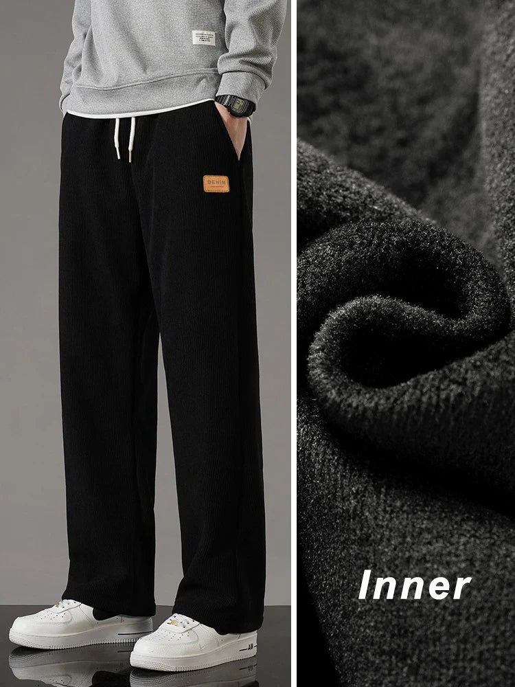 Winter Thick Warm Corduroy Sweatpants Men Fleece Liner Drawstring Straight Loose Track Pants Male Casual Fleece Thermal Trousers.