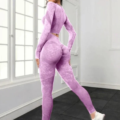 2 Piece Acid Wash Gym Set Women Seamless Long Sleeve Leggings Tracksuit Sports Fitness Suit Scrunch Workout Clothes Yoga Outfits.