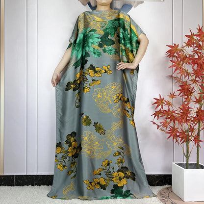 2024 New Dubai Summer Fashion For Women Printed Silk Soft Loose Femme Robe African Islam Maxi Woman Casual Dresses With Turban.