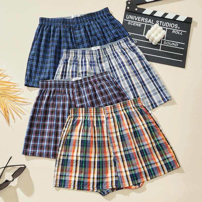 Herren-Boxershorts aus Baumwolle, atmungsaktiv, weich, bequem, elastischer Bund, karierte Boxershorts, Hosen für Herren, Zuhause, Alltag
