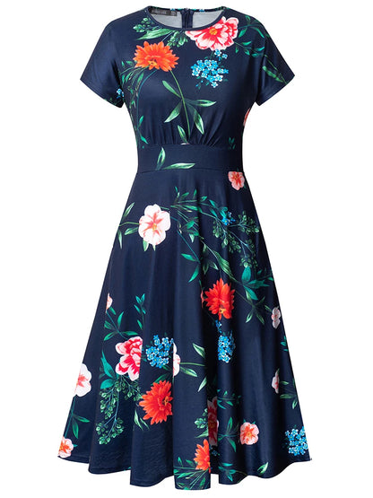 Nice-forever Vintage Elegante Blumen Druck Plissee Rundhals vestidos A-Line Pinup Business Party Frauen Flare Swing Kleid A102.