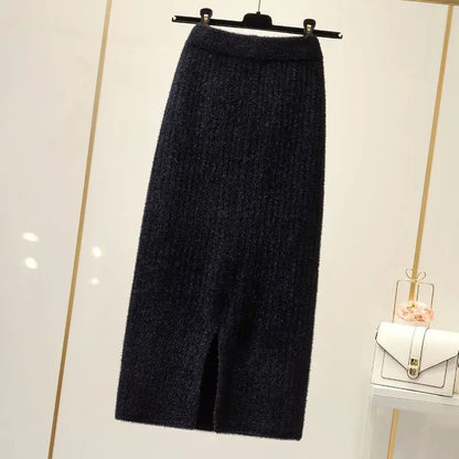 Mink velvet skirt female autumn and winter mid-length knitted one-step skirt split straight winter skirt casual solid long skirt.