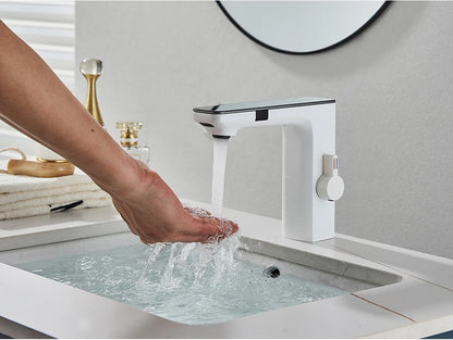 White Smart Sensor Basin Faucet Screen Digital Display Hot Cold Water Mixer Tap Touchless Vanity Sink Faucet For Bathroom