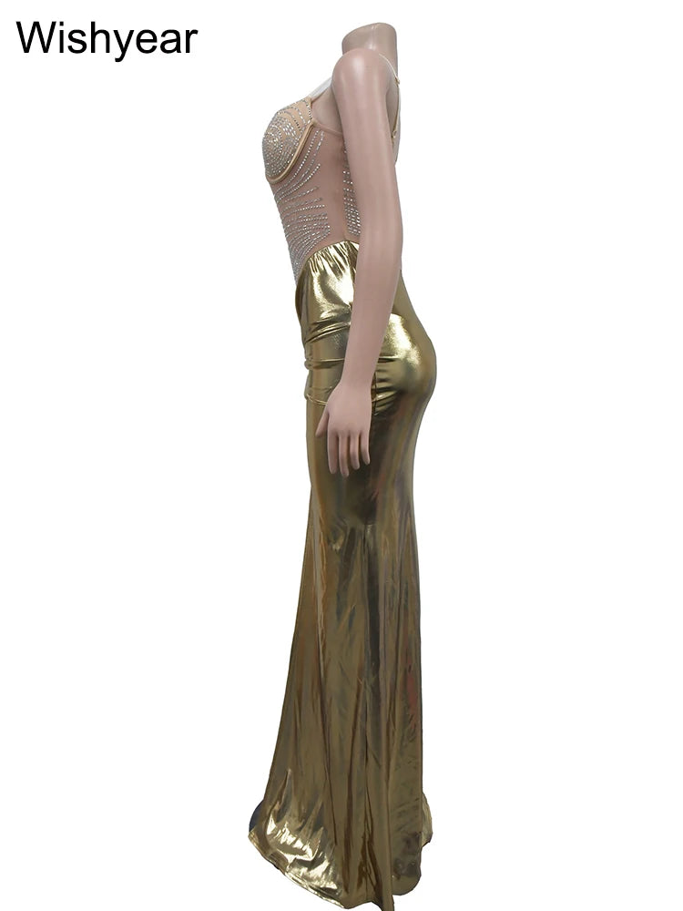 Wisheyar elegante Promi Glitter Metallic Silber Geburtstag lange Kleider Frauen ärmellose Front Split Luxus Geburtstag Vestidos.