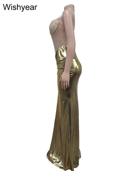 Wisheyar elegante Promi Glitter Metallic Silber Geburtstag lange Kleider Frauen ärmellose Front Split Luxus Geburtstag Vestidos.