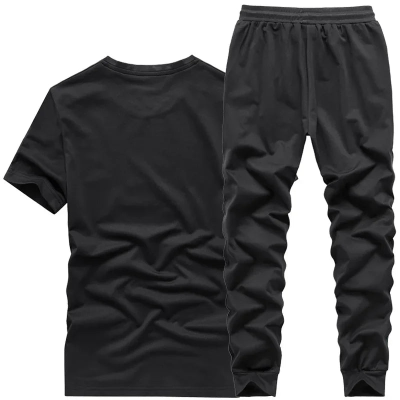 Casual Embroidered Short Sleeve Long Pants Set round Neck Two Piece Set Men's Fashionable Korean Style Spring Autumn Wear.
