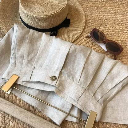 Korean Office Lady Summer Women's Solid Color Linen Zipper Pockets Fashion Casual Loose High Waist A-line Wide Leg Shorts.