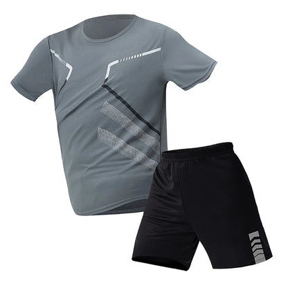 2-pcs Men's Quick-drying Exercise Black-and-white Suit Running Fitness Breathable Short Sleeve Comfortable Joker Playing Shorts.