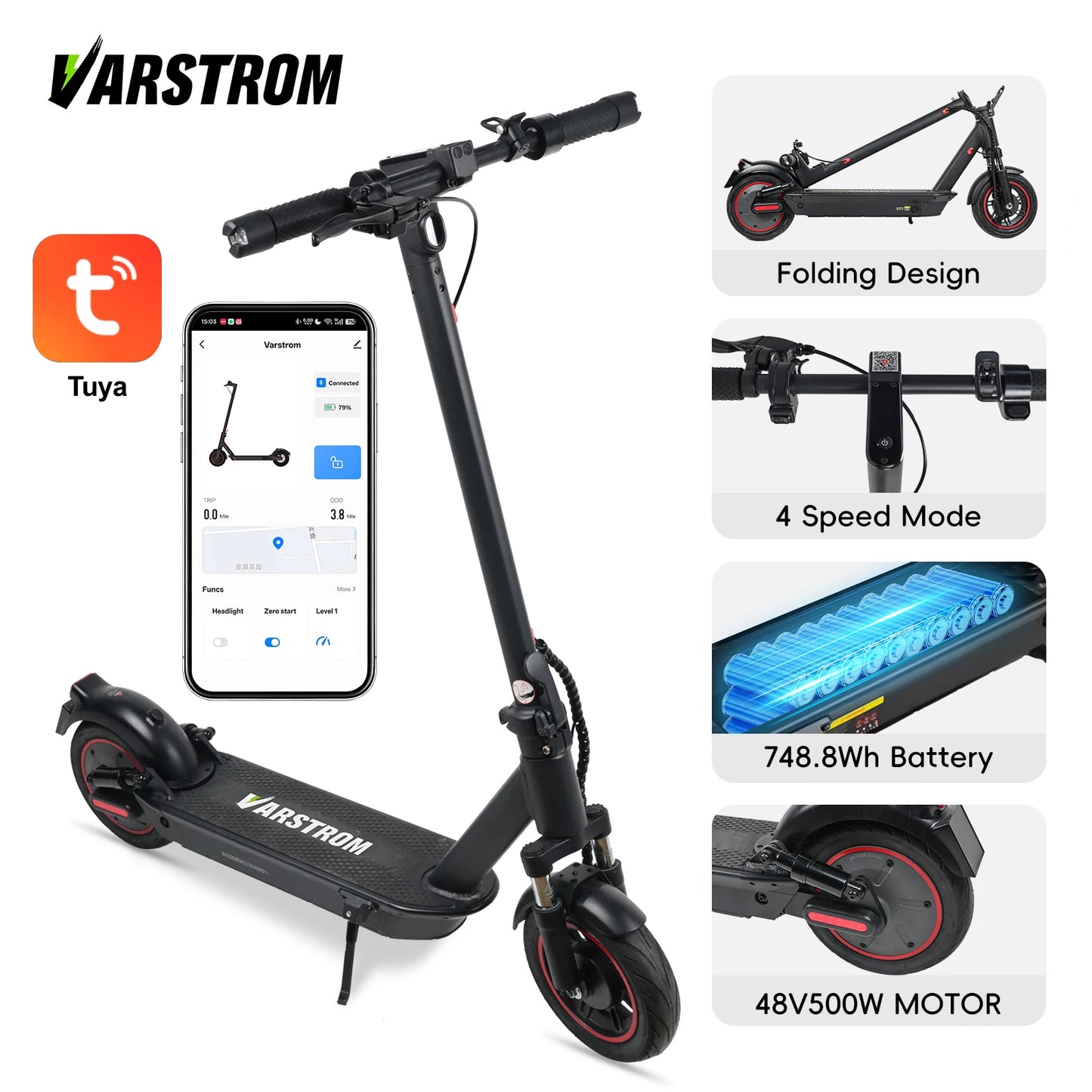 Scooter Electric Scooter Peak 1000W 48V 15.6Ah Li-ion Cell Powerful Foldable Electric Kick Scooter 10" Smart Display Support APP.