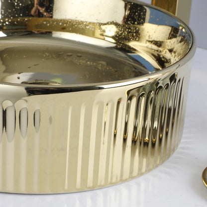 Kemaidi 14.6 ''Gold rundes Gefäß Waschbecken mit Wasserhahn Keramik Gefäß Waschbecken Waschbecken über Theke Gefäß Waschbecken