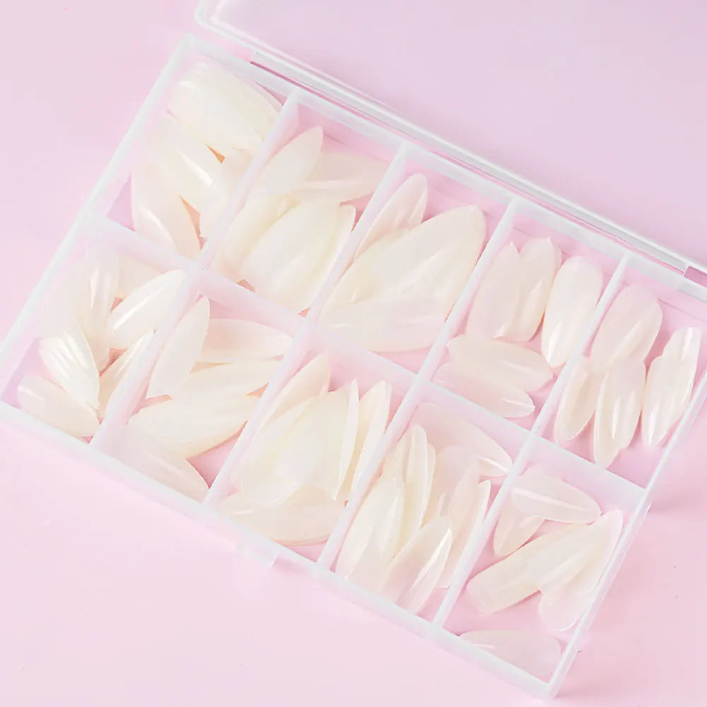 120pcs/box Red White Glossy Acrylic Medium Almond False Nails Solid Color Press-On Nails 12 Sizes Almond Artificial Fake Nails.