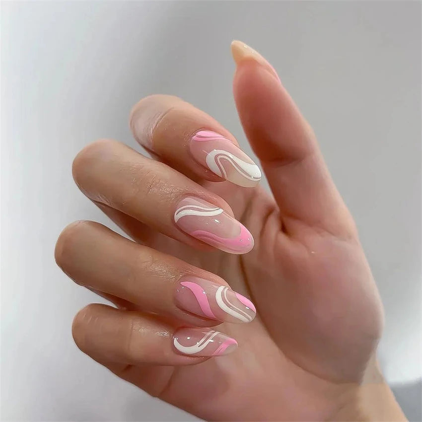 24Ps/Set White Ripple Glitter Chip Design Wearing False Nail French Full Cover Acrylic Press on Nail Almond Shape Fake Nail Tips