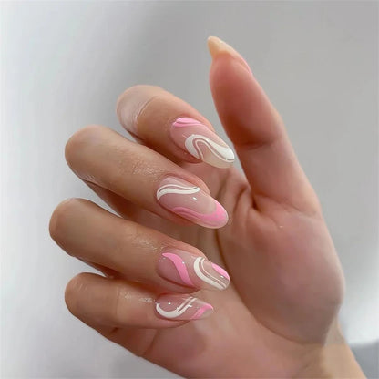 24Ps/Set White Ripple Glitter Chip Design Wearing False Nail French Full Cover Acrylic Press on Nail Almond Shape Fake Nail Tips