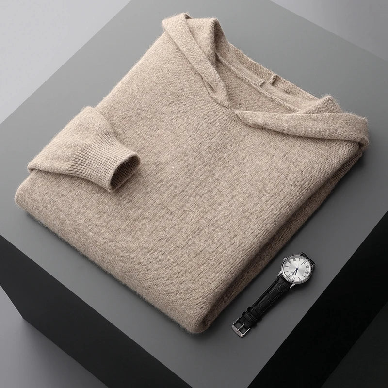 One-piece Hat with Pocket Men's Pullover 100% Cashmere Knitted Sweater Casual Comfortable Top Base Shirt Men's Clothing.