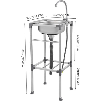 Edelstahlspüle, freistehendes Spülbecken mit 1 Becken, mobiles Spülbecken, Küchenspüle mit Wasserhahn, 42 x 37 x 83 cm, für Bars, Restaurant, Küche