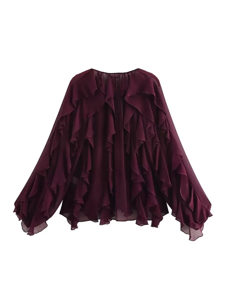 Women Fashion With Ruffles Semi-sheer Blouses V Neck Long Sleeve Button-up Female Shirts Chic Tops.
