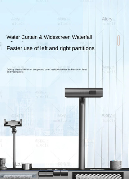 Kitchen 304 Stainless Steel Waterfall Sink, Large Single Slot, Digital Display Embossed Washing Basin Household Dishwashing Sink