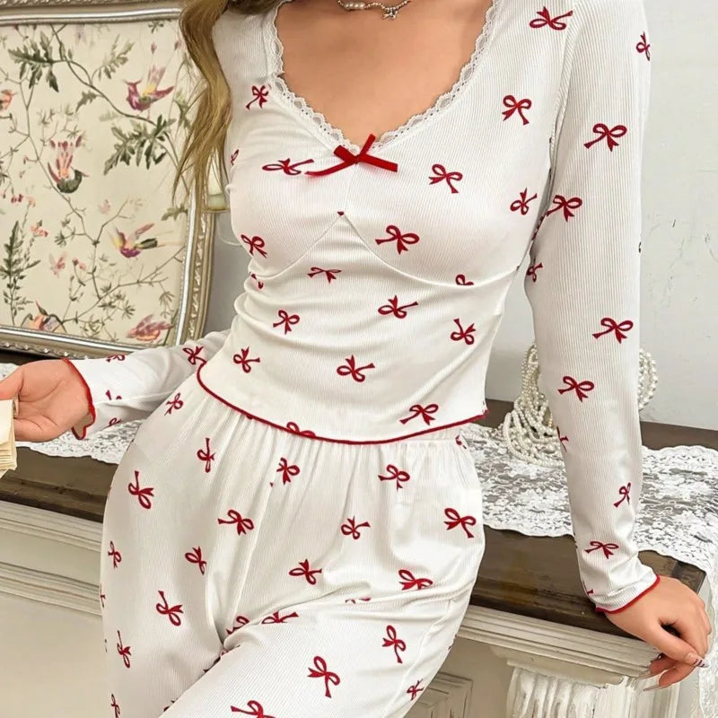 Winter Autumn Pajama Set for Women Sleepwear Lace Trim Bows Print Long Sleeve Top & Full-Length Pants Nightwear Loungewear.