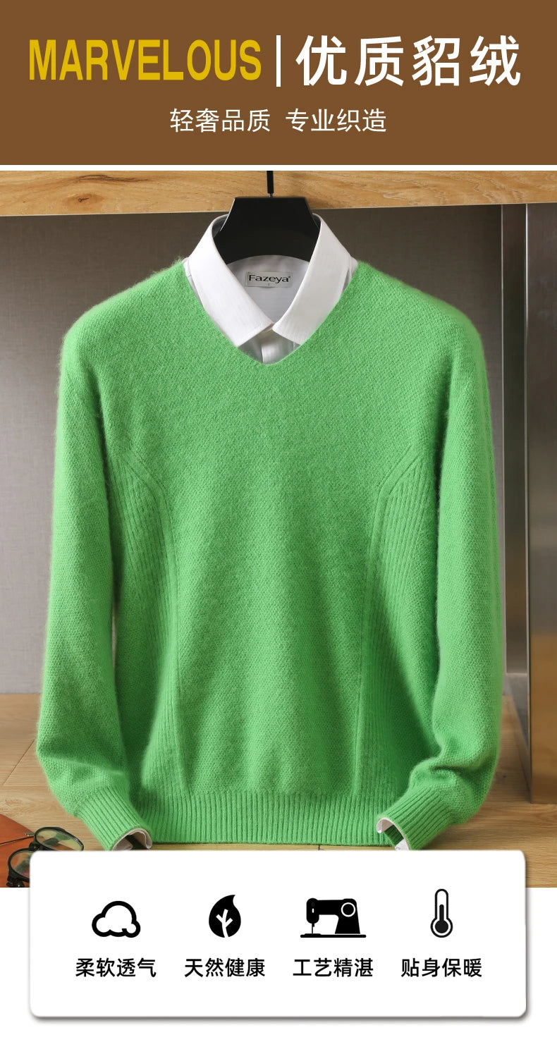 Men's 100% Pure Mink Cashmere Sweater V-Neck Pullovers Knit Large Size Mink Sweater Winter New Tops Long Sleeve High-End Jumpers.