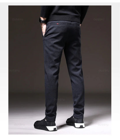 Autumn Winter Men's Brushed Fabric Casual Pants Business Fashion Slim Fit Stretch Thick Gray Blue Black Cotton Trousers Male.