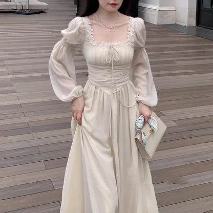2024 Französisch elegante Prinzessin Abend party Midi Kleider für Frauen A-Linie schlanke Bandage Langarm Vestidos koreanische Frühlings kleidung.