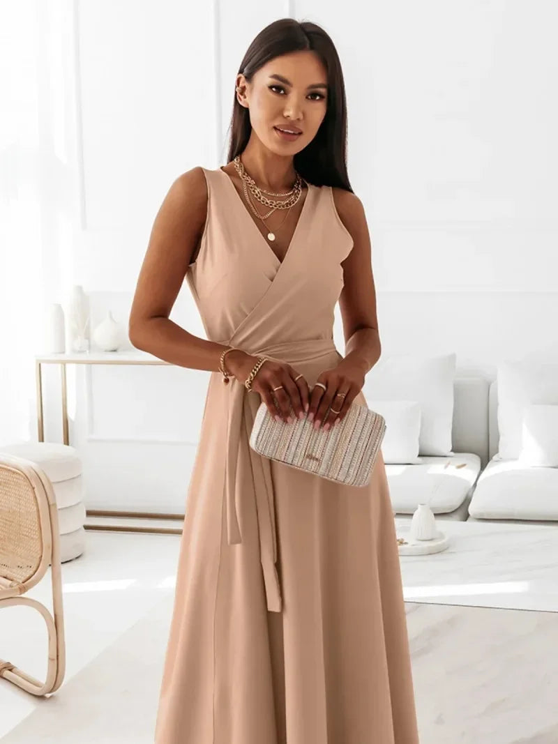 Frühling Sommer Neue Stil frauen Lange V-ausschnitt Kleid Reine Farbe Maxi Kleid Ärmelloses Empire-Taille Kleid für Damen Modische.