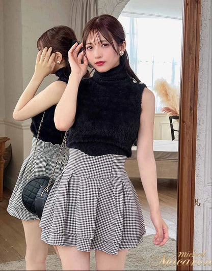 Japanese Lolita Skirts Ruffled Pleated Plaid Skirt Women 2025 Spring New Elastic High Waist Slimming Gentle Mini Skirt Culottes.