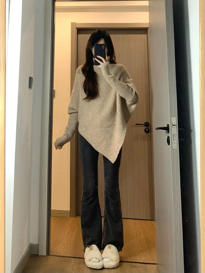 Herbst Winter Neue Frauen Pullover Koreanische Mode Chic Casual Rollkragen Solide Asymmetr Lose Batwing Hülse Pullover Gestrickte Tops.