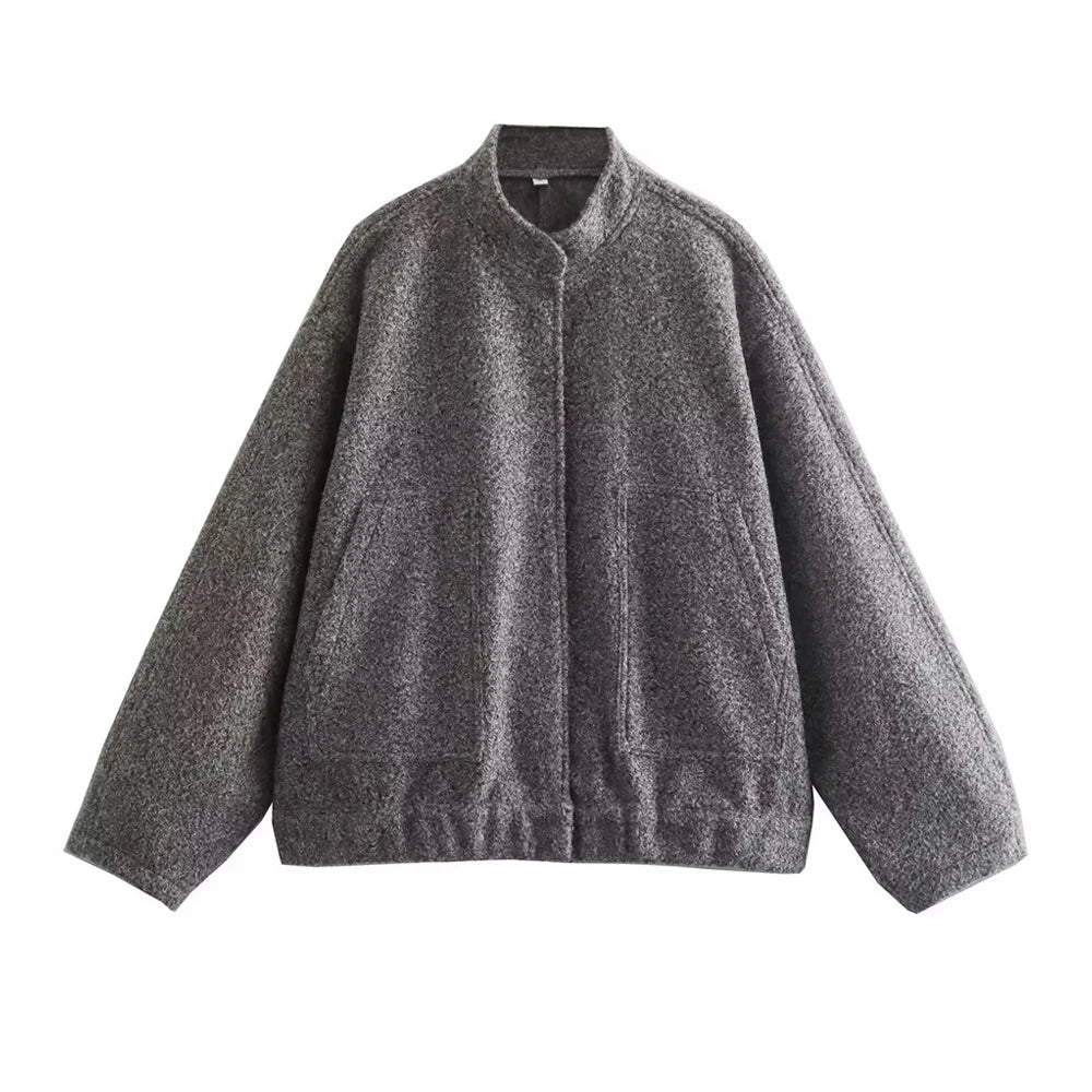 TRZA Frauen Mode Mit Taschen Übergroßen Bomber Jacke Mantel Vintage Langarm Druckknopf Weibliche Oberbekleidung Chic Tops.