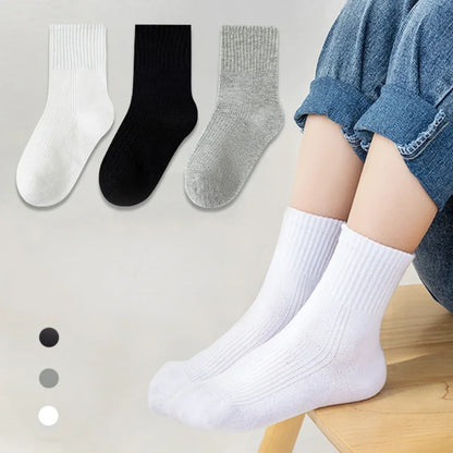 5 Pairs Pure Cotton Children Boy Socks Black White Grey Solid Color Unisex Breathable Sports School Socks Baby Girl Calf Socks.