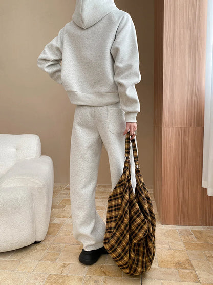 Spring and Autumn Women's Casual Solid Color Loose Hooded Sweatshirt+High Waist Loose Pants Set