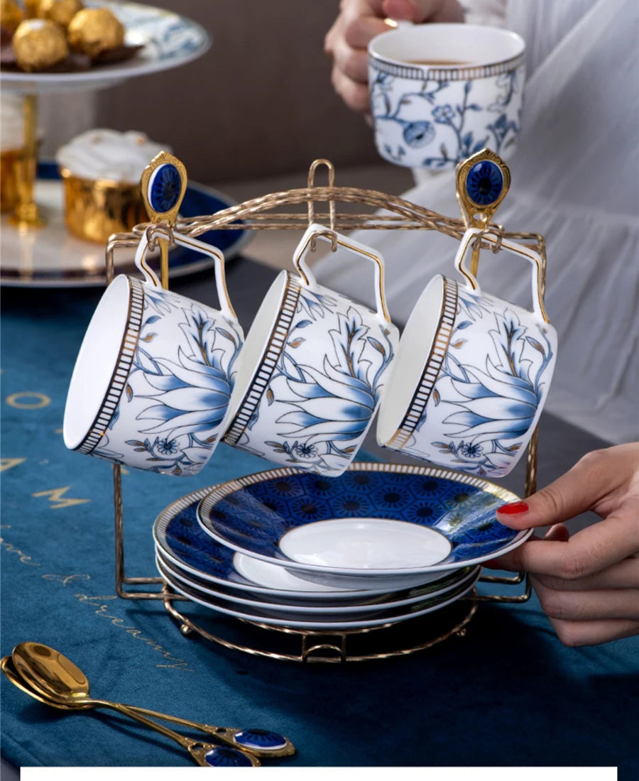 Elegant Cup and Saucer Set Bone China Sugar Jar Milk Jug Coffee Pot Set Cyan Magnolia Home English Mug Teaset Dessert Plate.