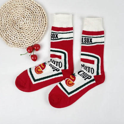 1 Pair Unisex Funny AB Style Tomato Ketchup French Fry Printed Mid-Calf Socks Suit In All Seasons.