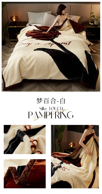 Double Sided Printed Autumn Winter Blankets for Bed Soft Warm Encrypted Flocking Raschel Blanket Skin Friendly Weighted Blanket