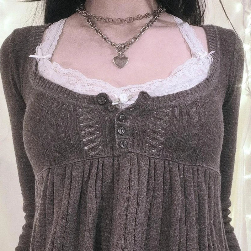 2000er Jahre Vintage Langarm Babydoll Strickpullover Tops Cottage Milkmaid Pullover Ästhetische Grunge Y2k Strickwaren T-Shirts Damen.