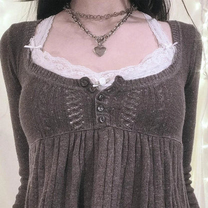 Vintage Babydoll Tops Pullover Lady Ästhetische Kokette Strickpullover Outfit Herbst Square Neck Langarm Strickwaren Pullover Y2k.