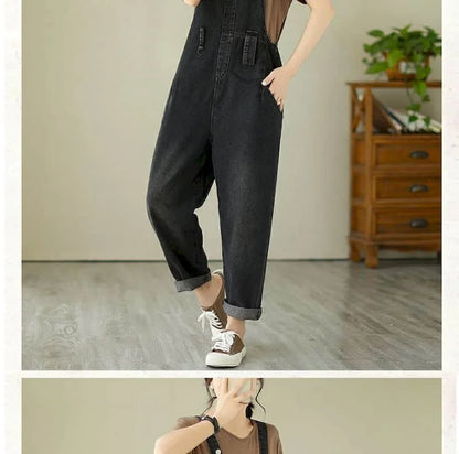 Denim Jumpsuits for Women Pocket Design Korean Style Loose Straight Pants One Piece Outfit Women Overalls for Women Playsuits.
