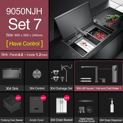 ASRAS Hidden Double Sinks Smart Purifying Kitchen Island Sinks Flip Cover Hidden 4mm Thickness Handmade kitchen Sinks