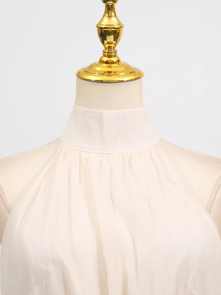 VGH Solide Abend Gespleißt Rüschen Maxi Kleider für Frauen High Neck Ärmellose Tunika Temperament Zeremonie Kleid Weibliche Kleidung.