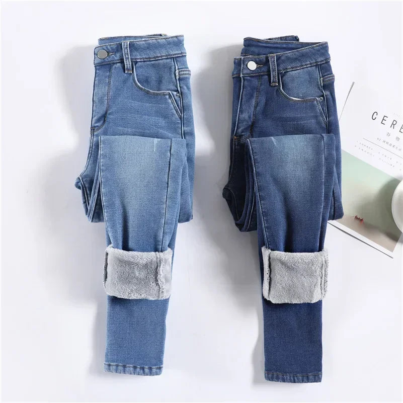 Frauen Thermische Dünne Jeans Mom Winter Warme Plüsch Stretch Jeans Dame Fleece Schnee Denim Hosen Student Bleistift Gerade Bein Hosen