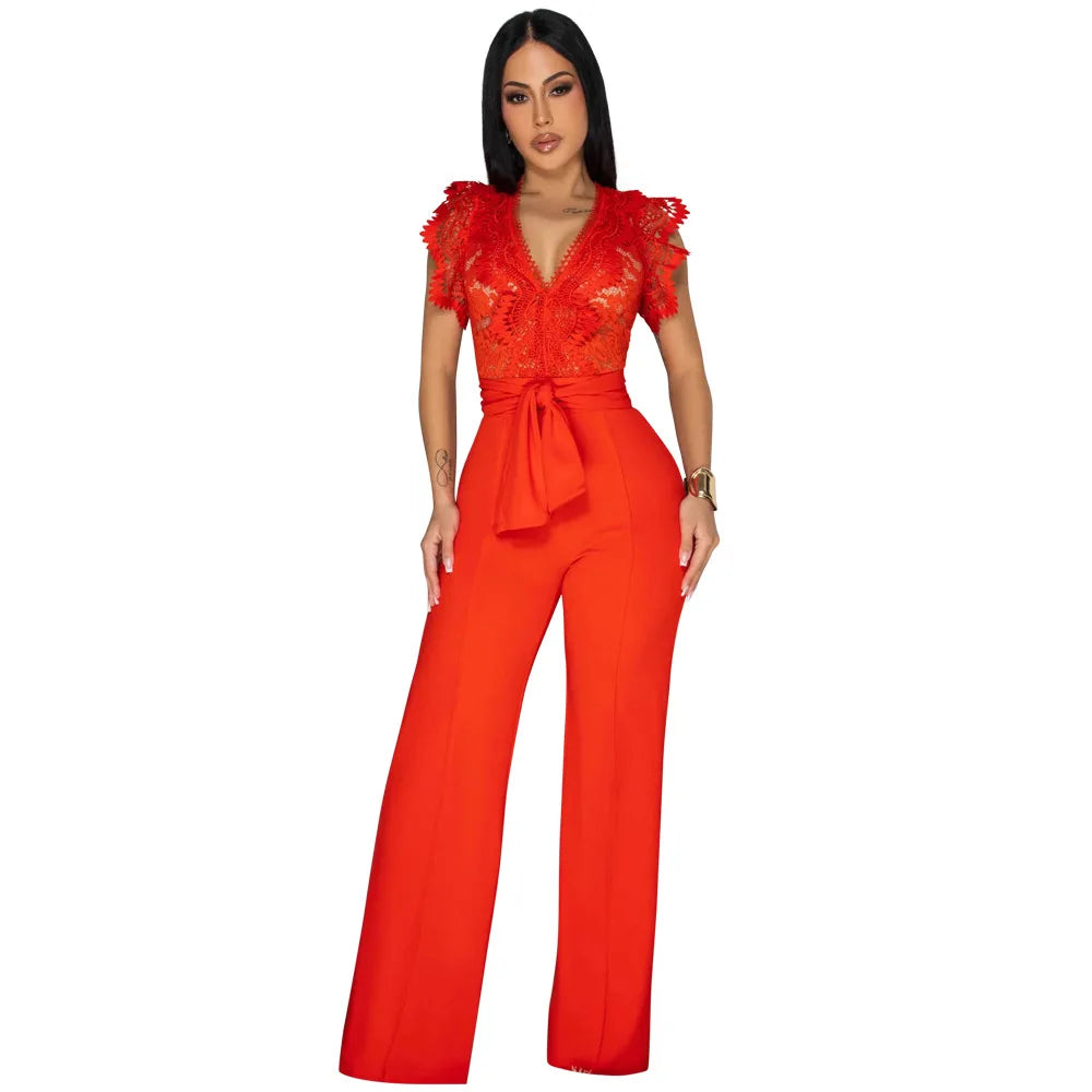 Summer Fashion Lace High Waisted Jumpsuit Women Elegant OL Lace Sleeveless Waistband Straight Jumpsuit Women.