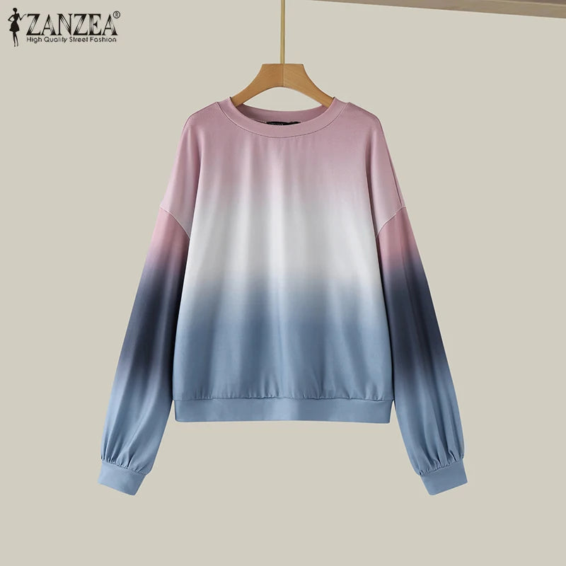 ZANZEA Plus Size Sweatshirts Women Long Sleeve Autumn Fashion Hoodies Gradient Color Round Neck Causal Loose Pullovers 2025 5XL.