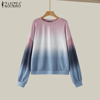 ZANZEA Plus Size Sweatshirts Women Long Sleeve Autumn Fashion Hoodies Gradient Color Round Neck Causal Loose Pullovers 2025 5XL.