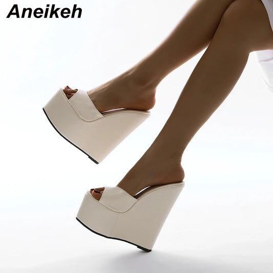 Aneikeh 2025 Fashion Peep Toe Wedges Heel Outside Women Slippers Concise PU Platform Slip On Summer Beach Mules Apricot 35-42.