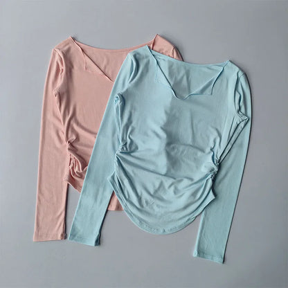 Sports Top Women's Autumn Slim Fit Small V-neck Quick Drying Yoga Clothes Running Fitness Pilates Long Sleeves Outwear T Shirts.