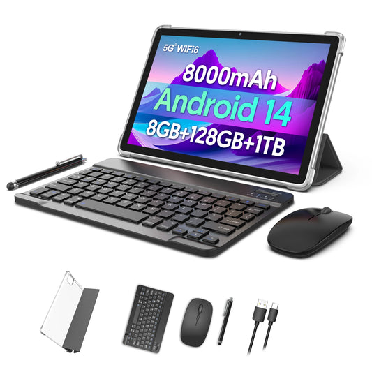 Android 14 tablet, with keyboard, mouse, protective case, stylus, 8(4+4) GB+128GB, octa-core processor, GMS certification.